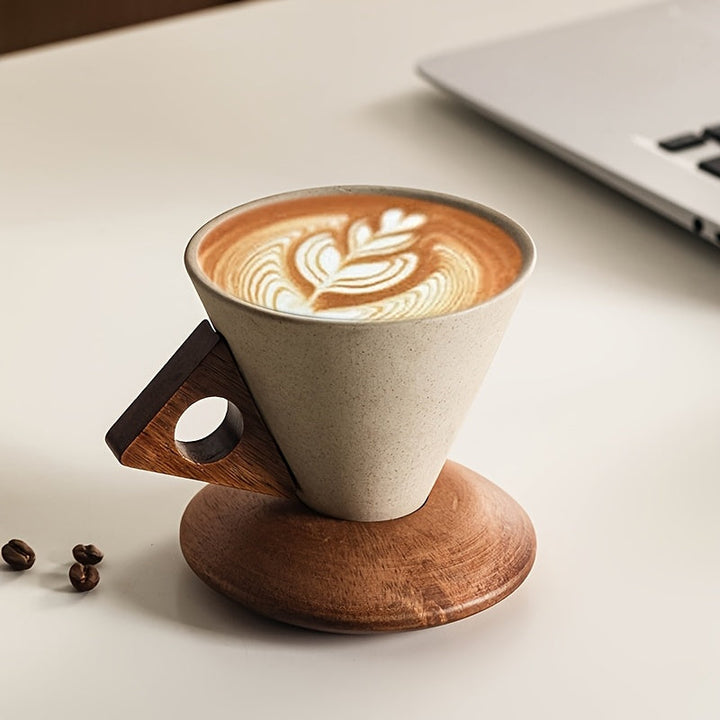 BaristaLuxe Ceramic Coffee Mug 250ml – Handcrafted with Wooden Handle and Saucer | Bowlift