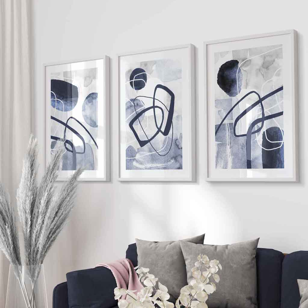 Abstract navy blue shapes set of 3 framed wall art prints | Bowlift
