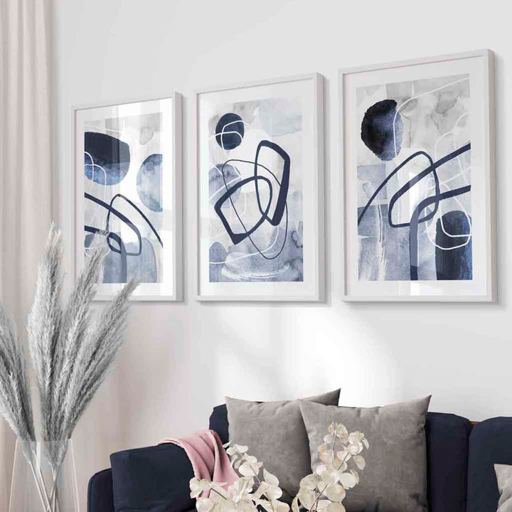 Abstract navy blue shapes set of 3 framed wall art prints | Bowlift