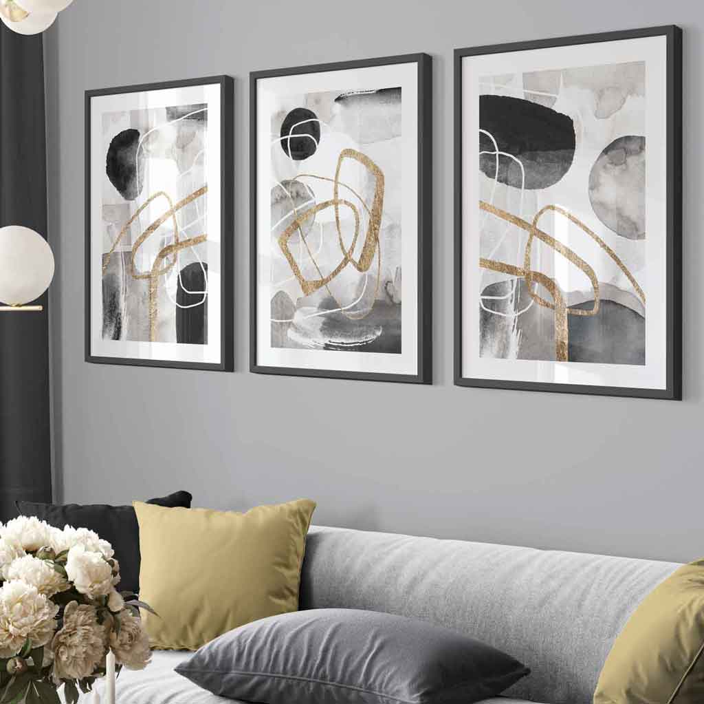 Abstract black, gray, and gold shapes set of 3 framed wall art prints | Bowlift