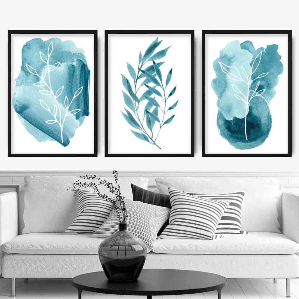 ABSTRACT Set of 3 Aqua Blue Floral Wall Art Prints | Bowlift