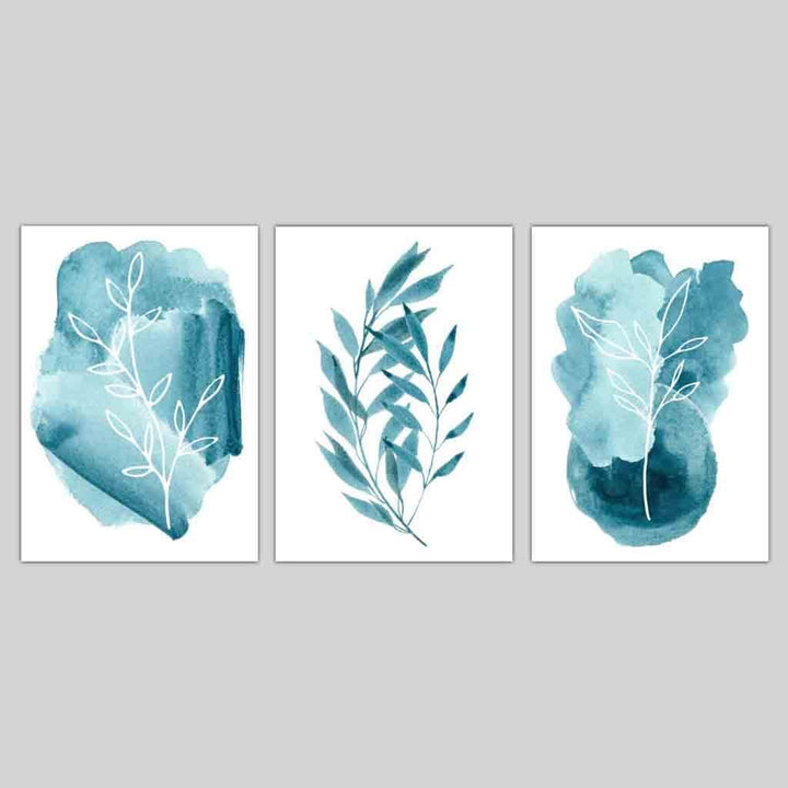 ABSTRACT Set of 3 Aqua Blue Floral Wall Art Prints | Bowlift