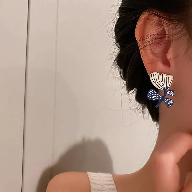 BowLift | Artistic Blue & White Floral Earrings