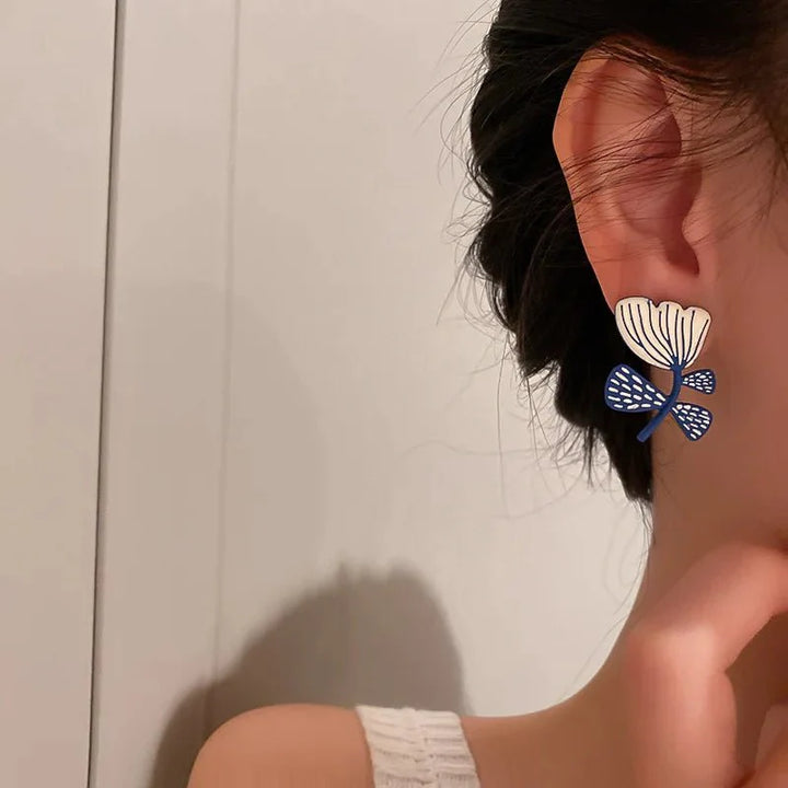 BowLift | Artistic Blue & White Floral Earrings
