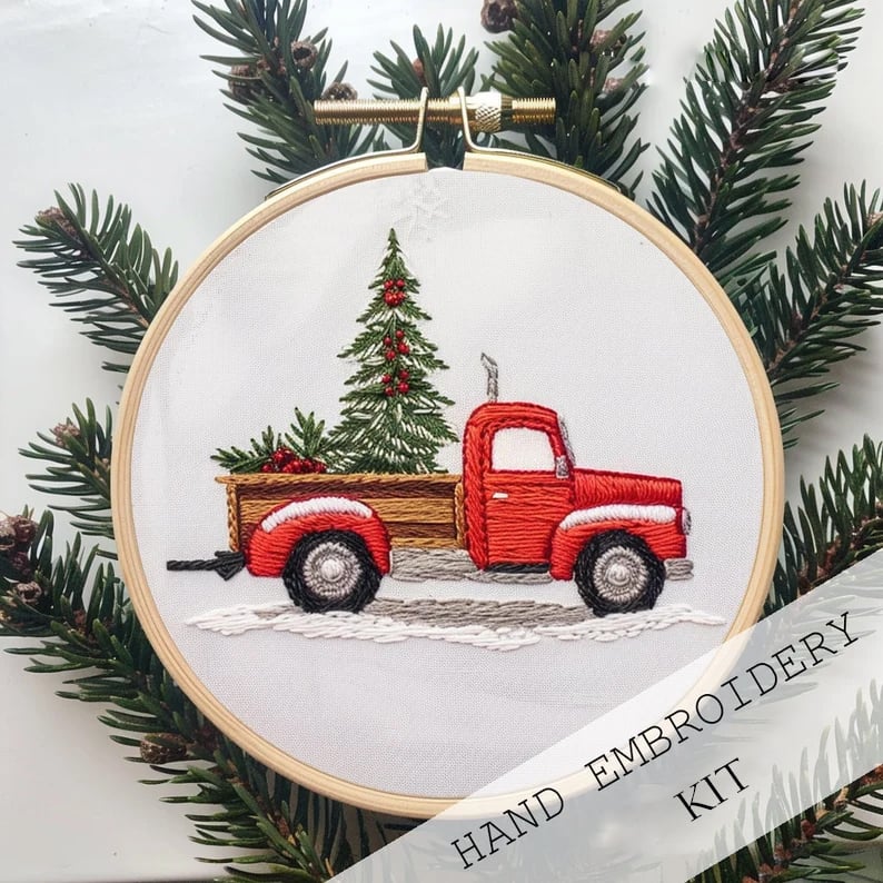 BowLift | Christmas Embroidery Kit | Winter Snowy Village Pattern | Beginner Craft Set with Hoop & Threads