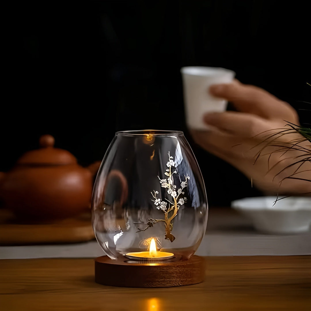 2-piece set glass candle holders with wooden base - decorative in retro zen style | perfect for living room, taBowlifte decoration and outdoor | Bowlift