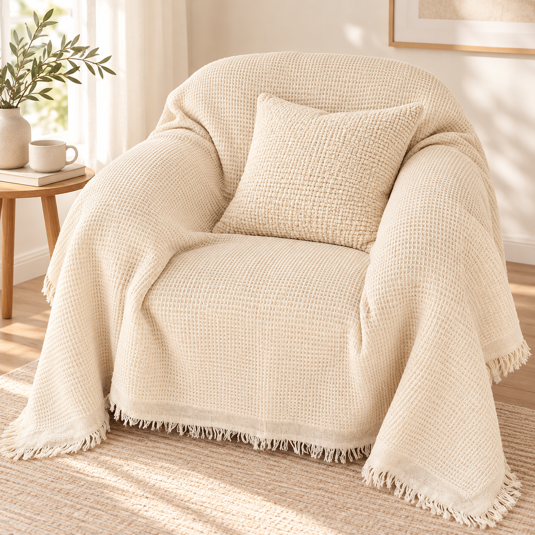 Waffle-Weave Fringed Throw Blanket Bowlift