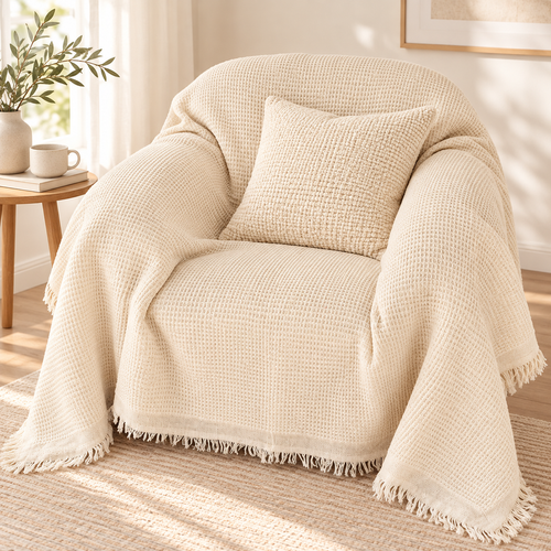 Waffle-Weave Fringed Throw Blanket Bowlift