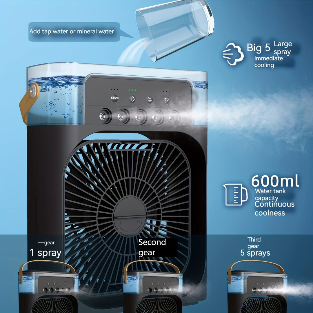 1pc Portable Air Conditioner, Household Small Air Cooler, Portable Air Adjustment For Office, 3 Speed Air Cooling Fan Humidifier, 5pcs Humidified Spray Heads For Home Appliances | Bowlift