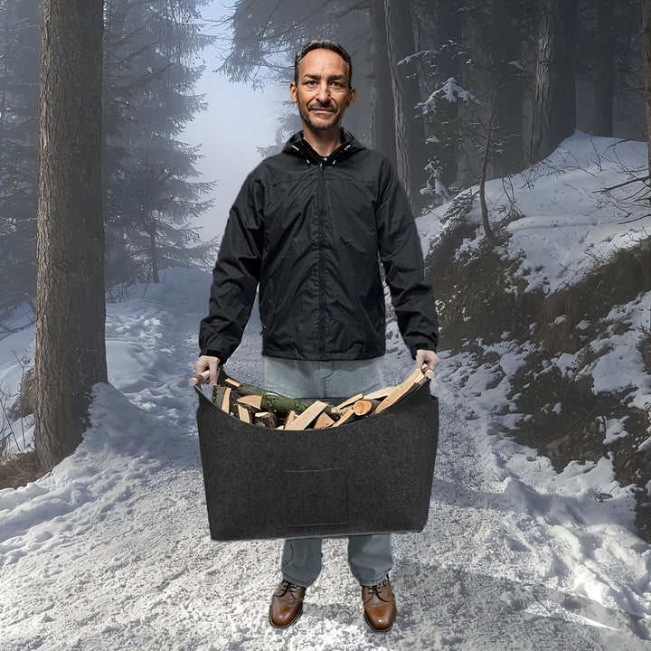 BowLift | Feldura Foldable Felt Wood Holder 55 liters with Wooden Handles and Leather Accents, Dark Gray