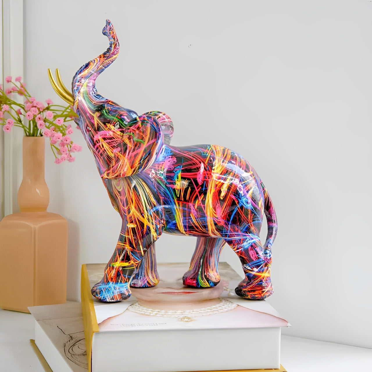 BowLift | Abstract Elephant Statue – Colourful African Design with Raised Trunk for Good Luck