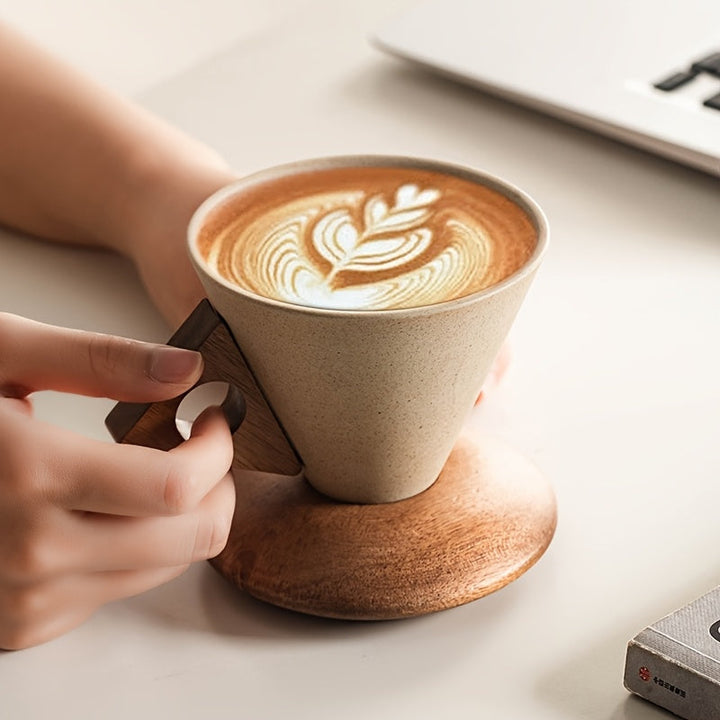 BaristaLuxe Ceramic Coffee Mug 250ml – Handcrafted with Wooden Handle and Saucer | Bowlift