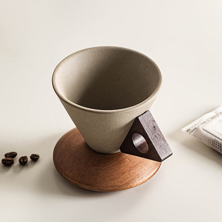 BaristaLuxe Ceramic Coffee Cup 250ml – Handmade with Wooden Handle and Coaster | Bowlift