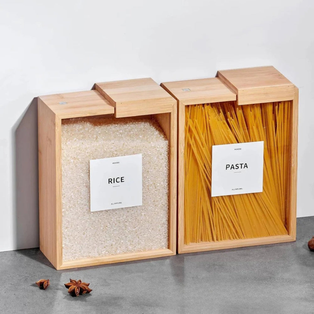 BowLift | Sliding Bamboo Wood Pasta Grain Storage Container