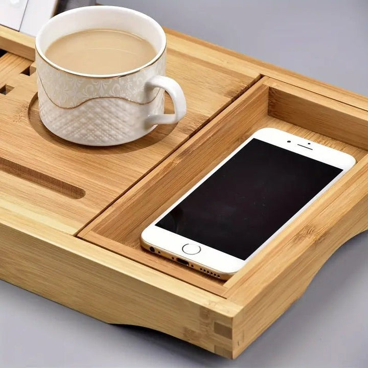 BowLift | Aurevo Bamboo Bath Caddy | Extendable luxury bathtub tray with wine glass & book holder