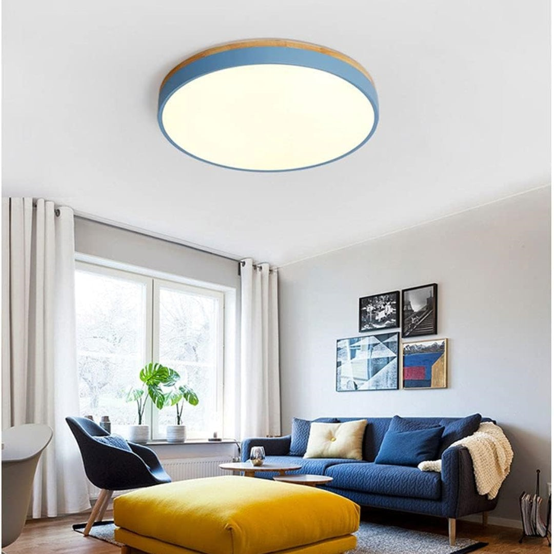 BowLift | Wooden Round Shape Flush Ceiling Light | LED. Solid Wood & Iron for Living Room. Dining Room & Hallway