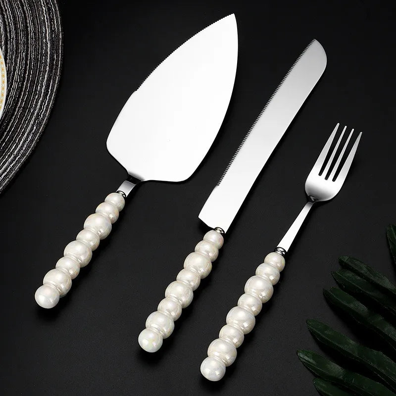 BowLift | Creative Pearl Ceramic Handle Cake Knife and Spatula Set Stainless Steel