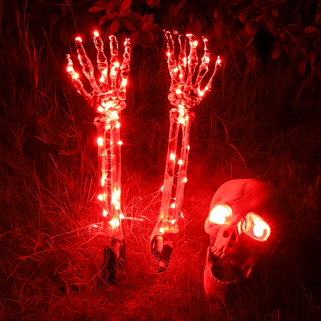 BowLift | Halloween Yard Decoration | Light-Up Skull & Skeleton Arms | 8-Mode LED Outdoor Prop