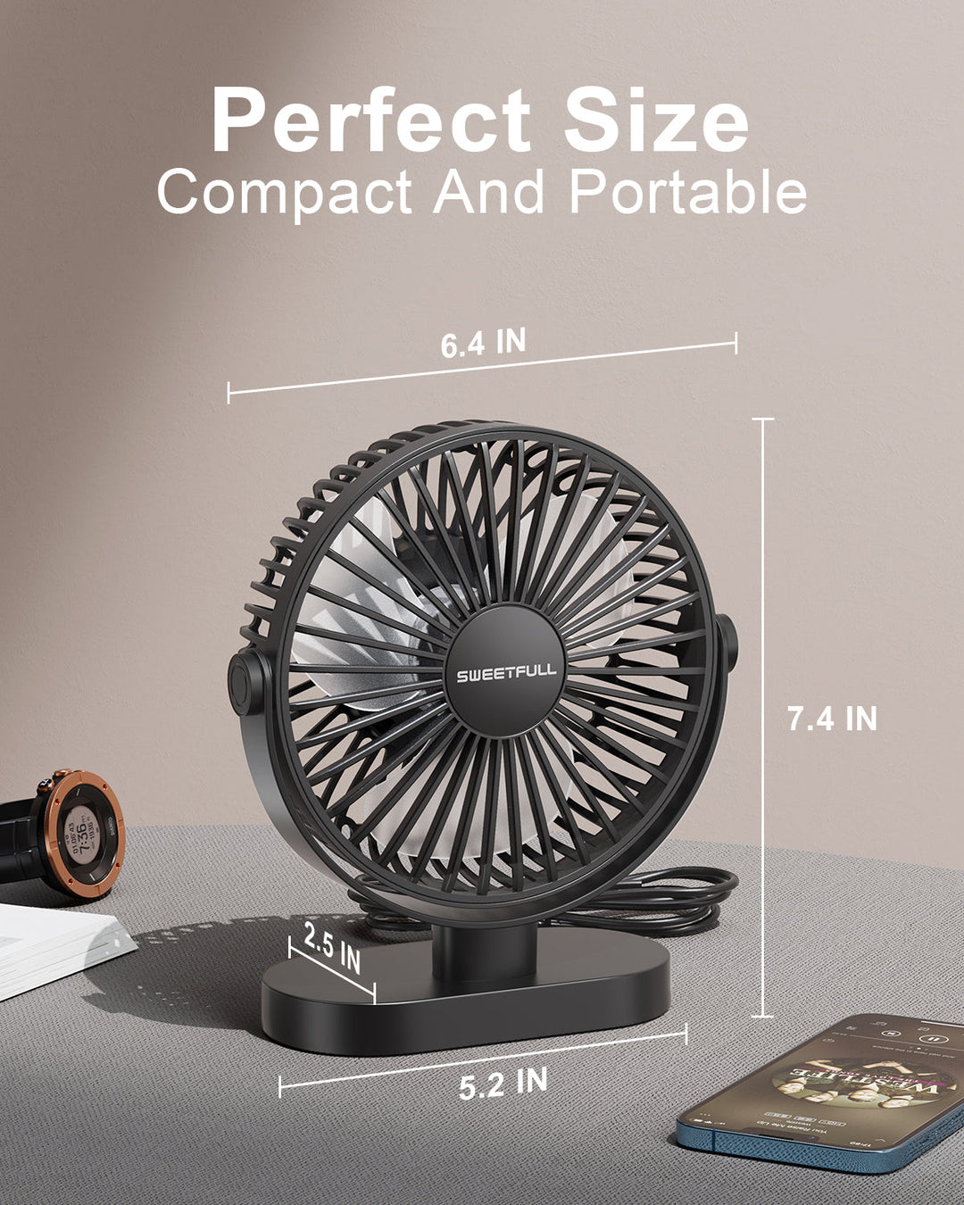 6.5 Inch USB Small Desk Fan for Home Office Car Outdoor Travel | Bowlift