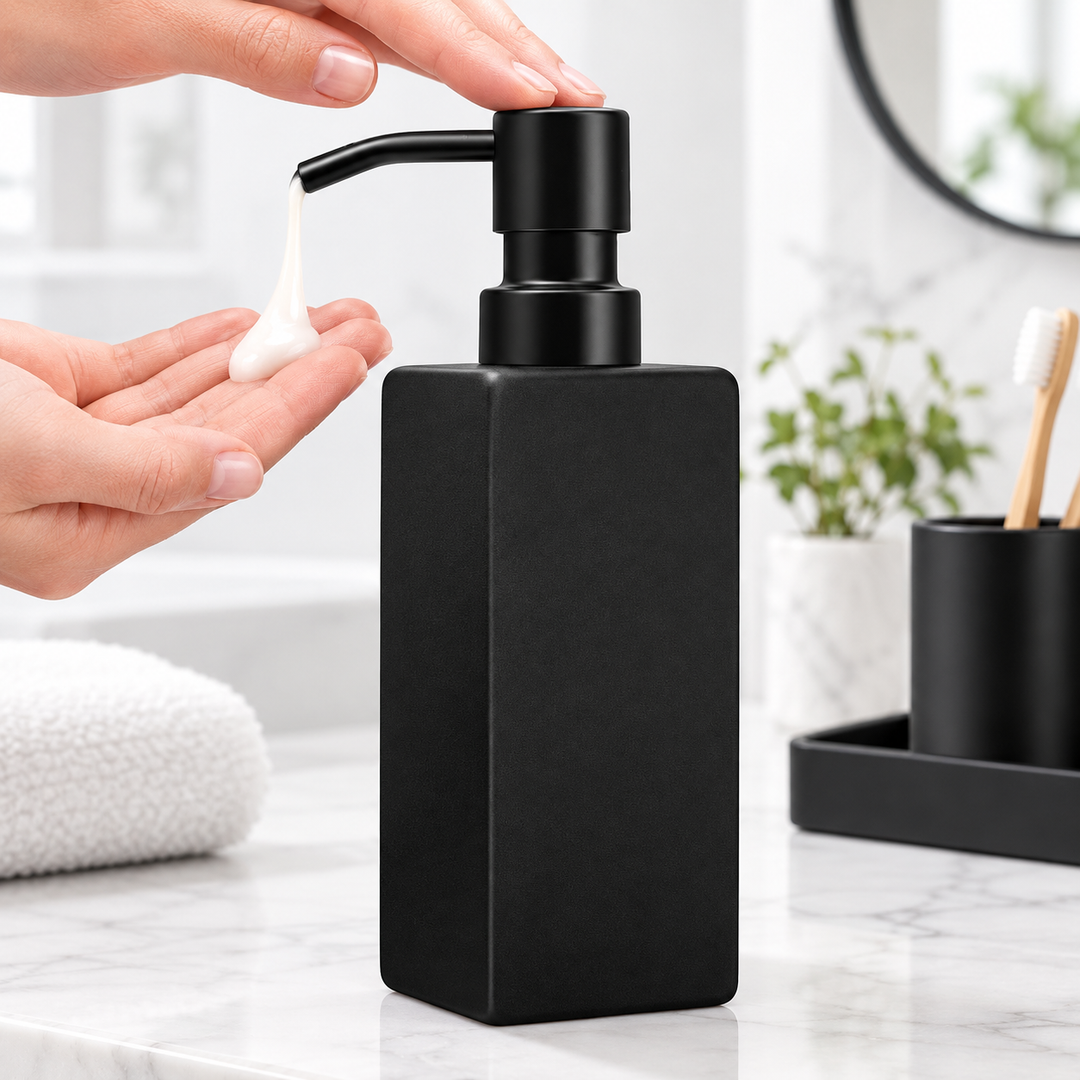 Refillable Tall Rectangular Glass Soap and Lotion Dispenser with Locking Pump Bowlift