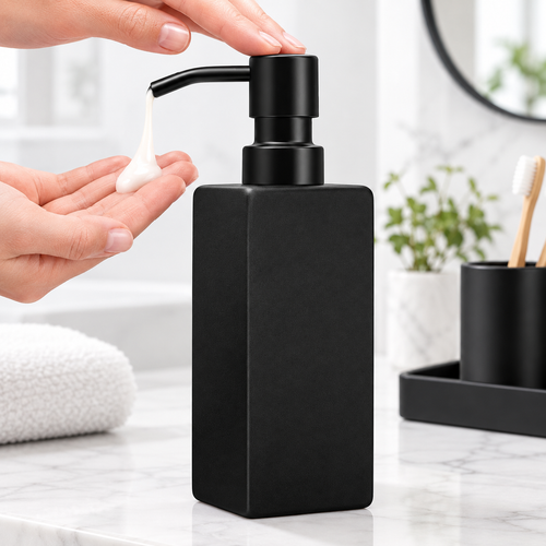 Refillable Tall Rectangular Glass Soap and Lotion Dispenser with Locking Pump Bowlift