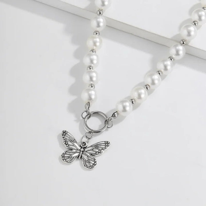 BowLift | Beaded Pearl Butterfly Pendant Choker Necklace