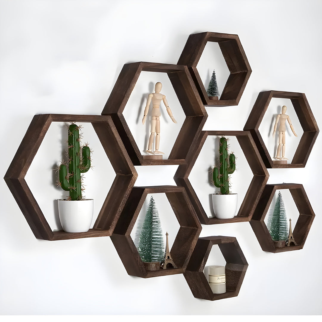 BowLift | Wall shelf set HexaWood | 5-piece | Hexagon design | Rustic wood look