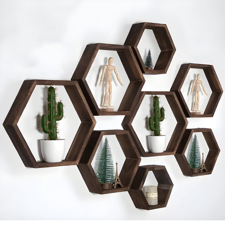 BowLift | Wall shelf set HexaWood | 5-piece | Hexagon design | Rustic wood look