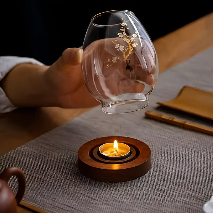 2-piece set glass candle holders with wooden base - decorative in retro zen style | perfect for living room, taBowlifte decoration and outdoor | Bowlift
