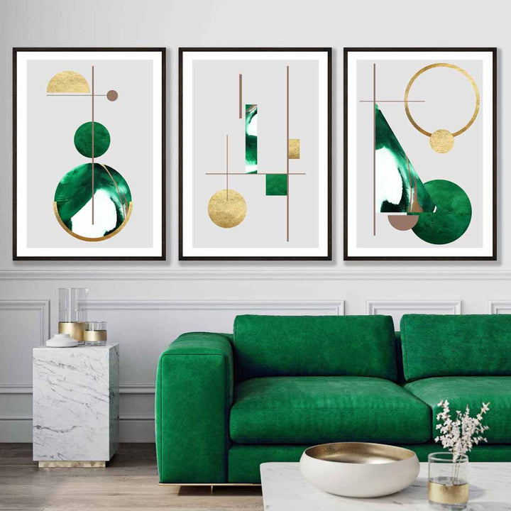Art Deco Set of 3 textured geometric wall art prints in green and gold | Bowlift
