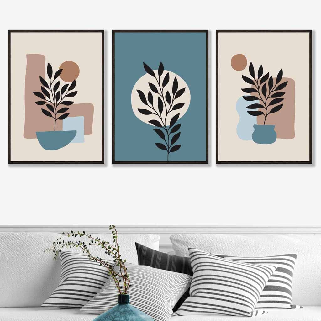 Botanical Set of 3 Boho Framed Wall Art Prints in Blue | Cream | Bowlift