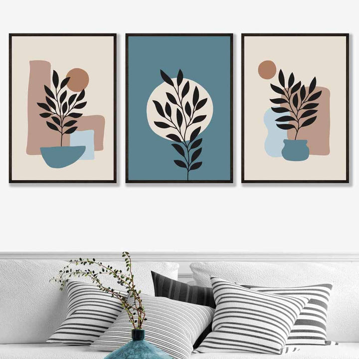Botanical Set of 3 Boho Framed Wall Art Prints in Blue | Cream | Bowlift