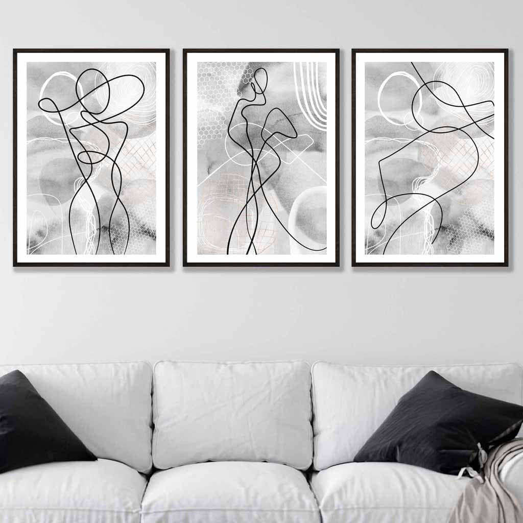 Abstract Set of 3 Fashion Line Art Wall Prints in Black & Gray | Bowlift