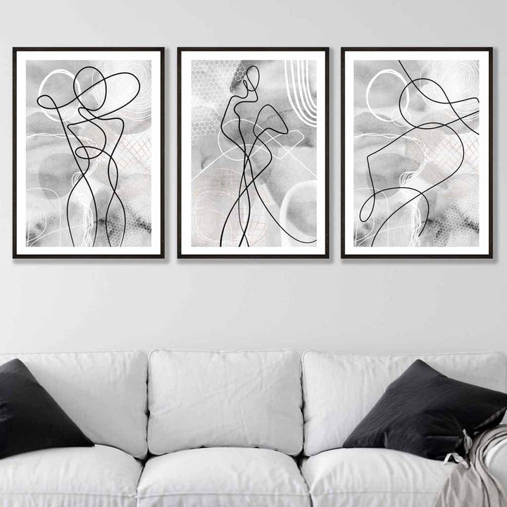 Abstract Set of 3 Fashion Line Art Wall Prints in Black & Gray | Bowlift