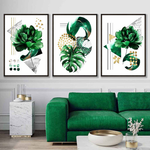 Abstract Green Gold Flower Set of 3 Framed Wall Pictures | Bowlift