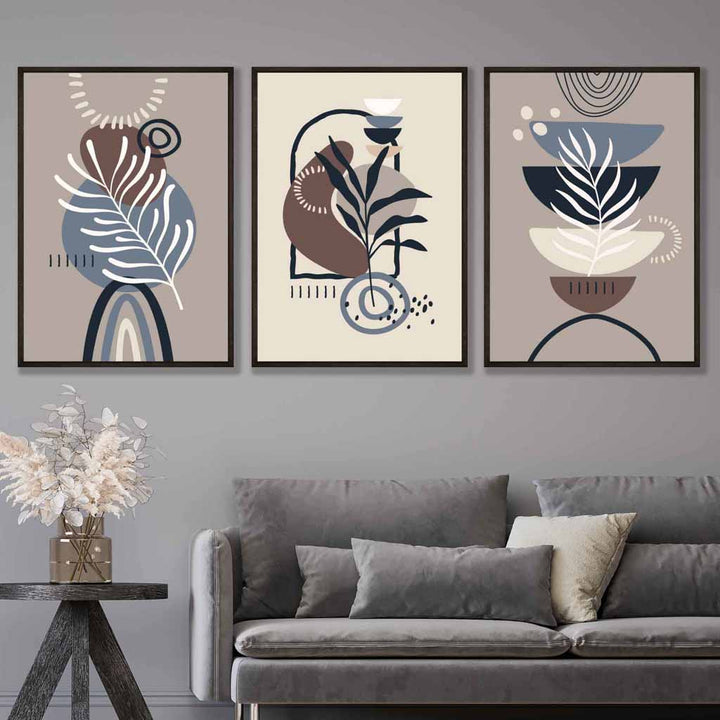Boho Botanical Set of 3 Wall Art Prints in Black Beige Blue and Brown | Bowlift