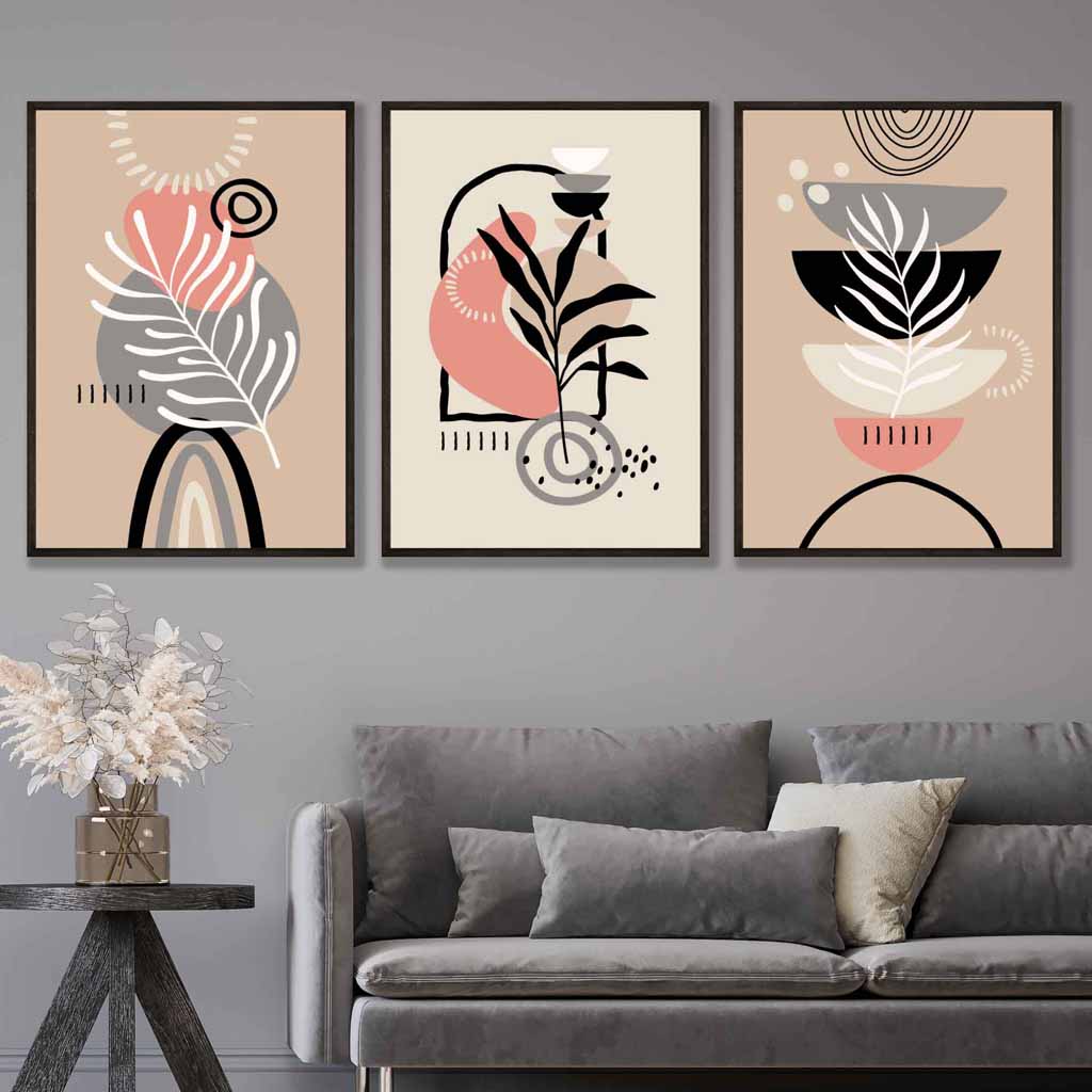 Boho Abstract Set of 3 Wall Art Prints in Pink Black Beige and Gray | Bowlift