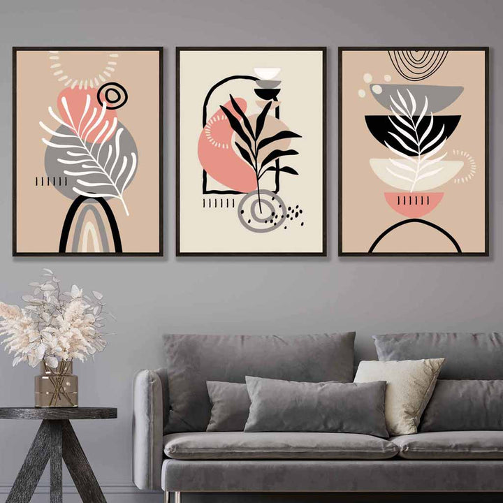 Boho Abstract Set of 3 Wall Art Prints in Pink Black Beige and Gray | Bowlift