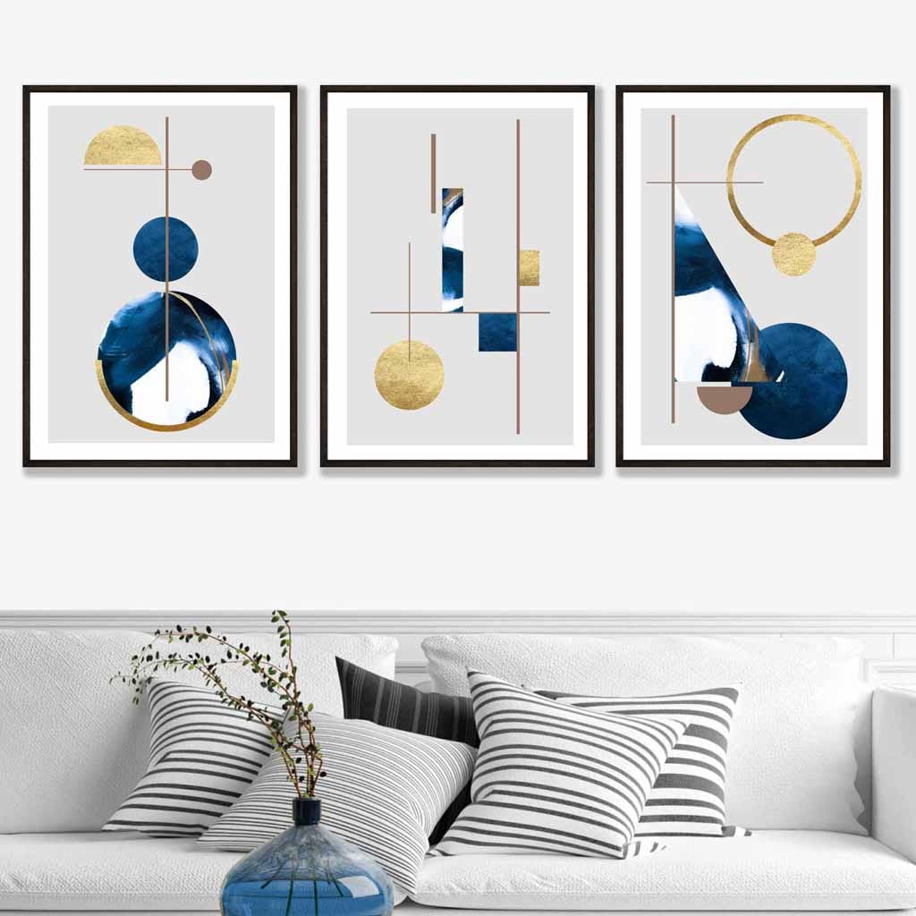 Abstract set of 3 textured geometric art wall art prints in navy blue and gold | Bowlift