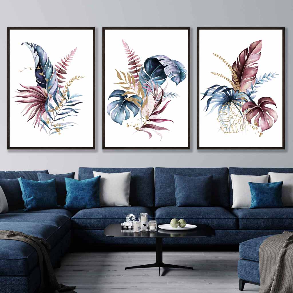 Botanical set of 3 pink and blue floral wall art prints | Bowlift