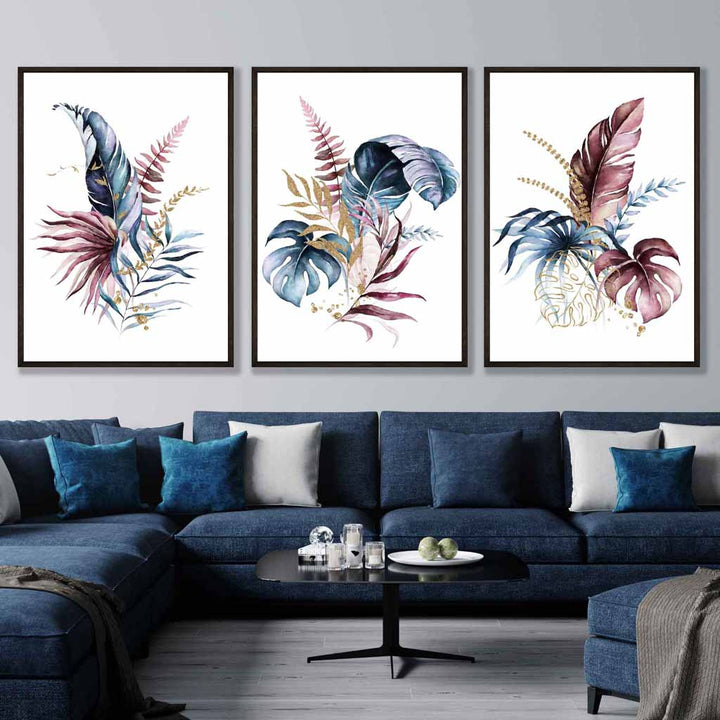 Botanical set of 3 pink and blue floral wall art prints | Bowlift