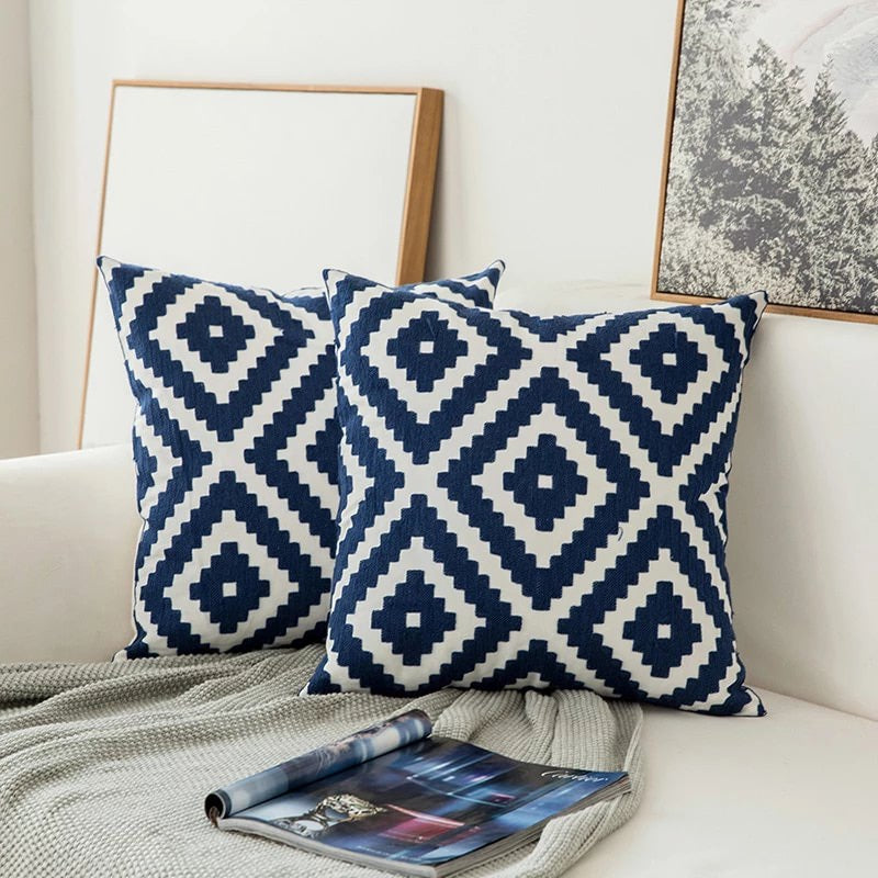 BowLift | Blue Embroidered Decorative Pillow with Ornament Pattern