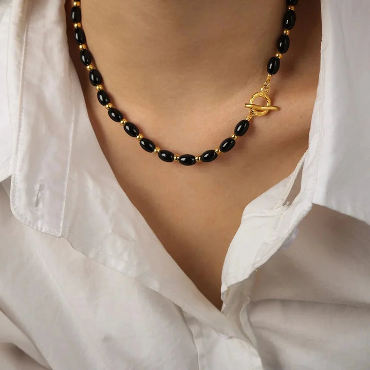 BowLift | Boho Beaded Black and Gold Circle Clasp Necklace
