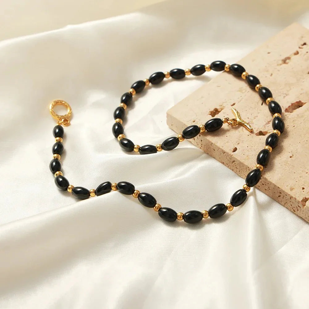 BowLift | Boho Beaded Black and Gold Circle Clasp Necklace