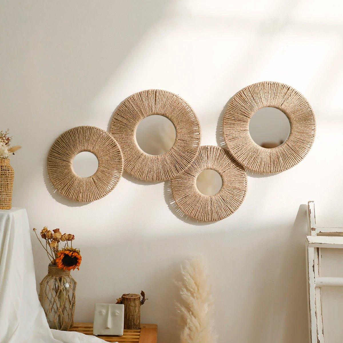 BowLift | Round decorative wall mirror in boho style with woven hemp rope