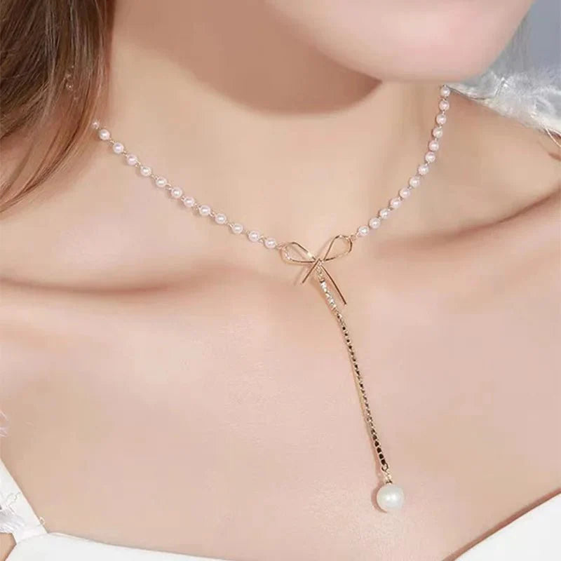 BowLift | Bow Pearl Drop Choker Necklace