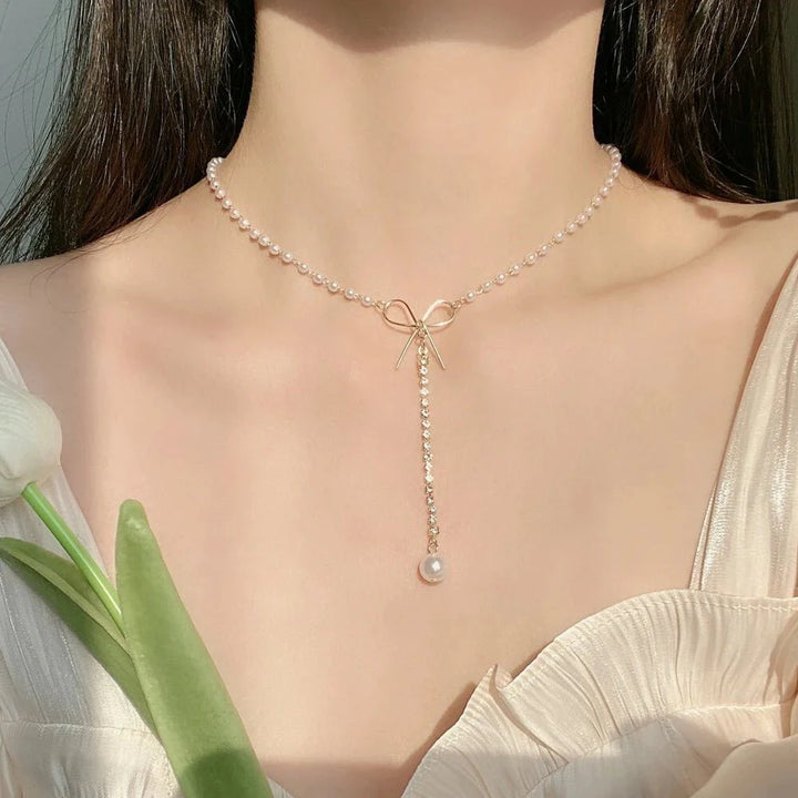 BowLift | Bow Pearl Drop Choker Necklace