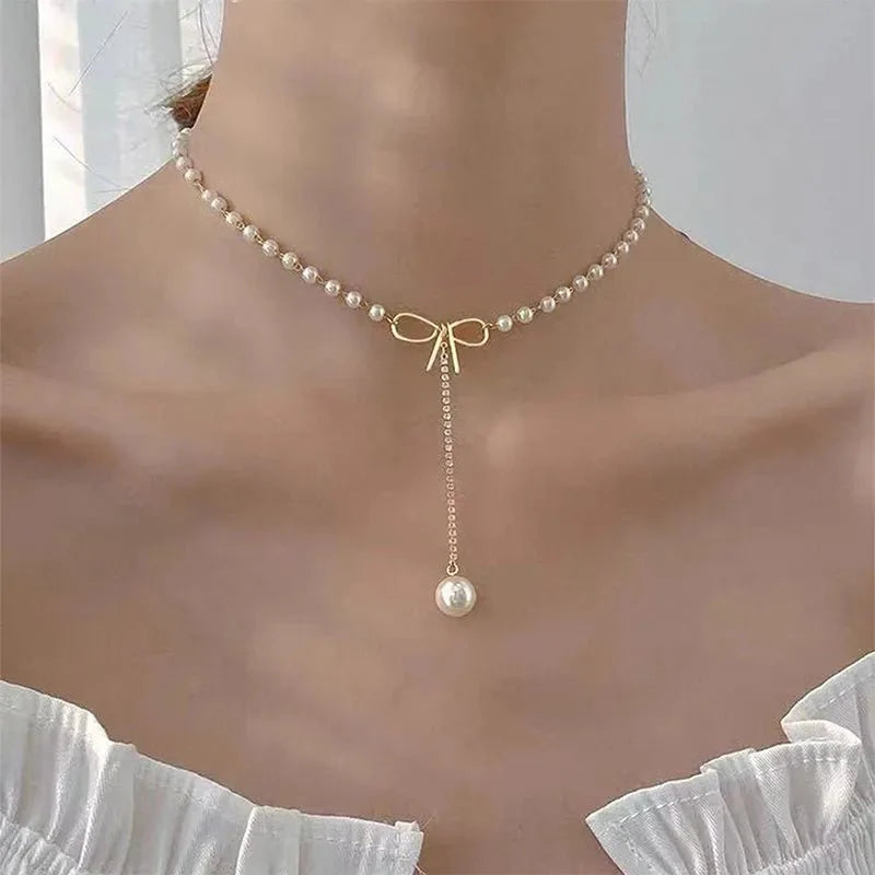 BowLift | Bow Pearl Drop Choker Necklace