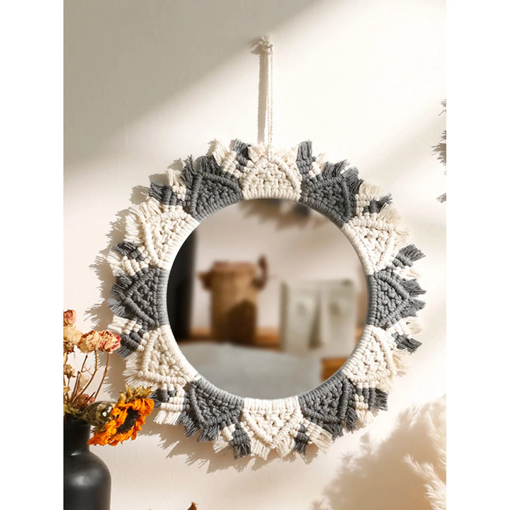 BowLift | Boho Macrame Decorative Mirror - Black and Gray Round Wall Decor