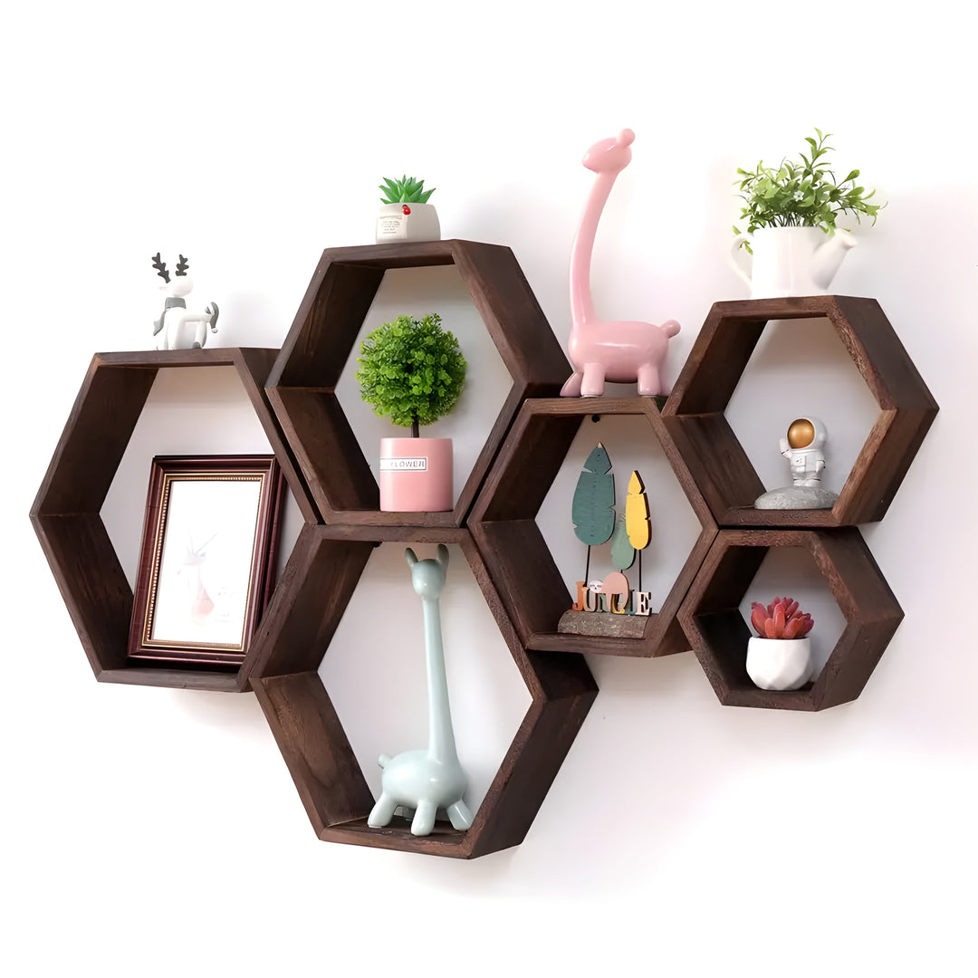 BowLift | Wall shelf set HexaWood | 5-piece | Hexagon design | Rustic wood look